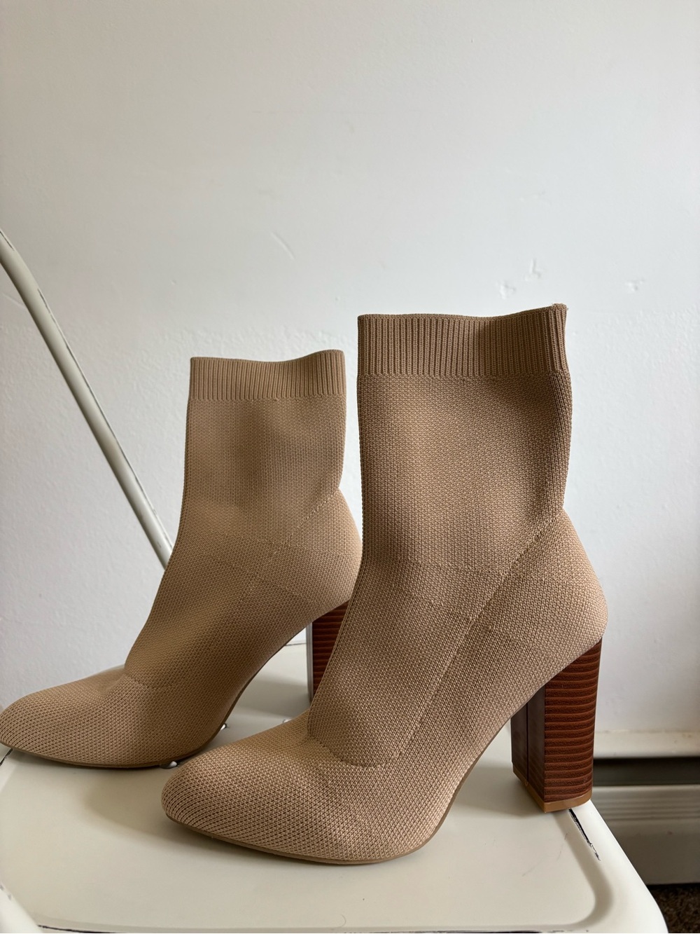 Stretch Knit Tan Sock Booties with Stacked Block Heel